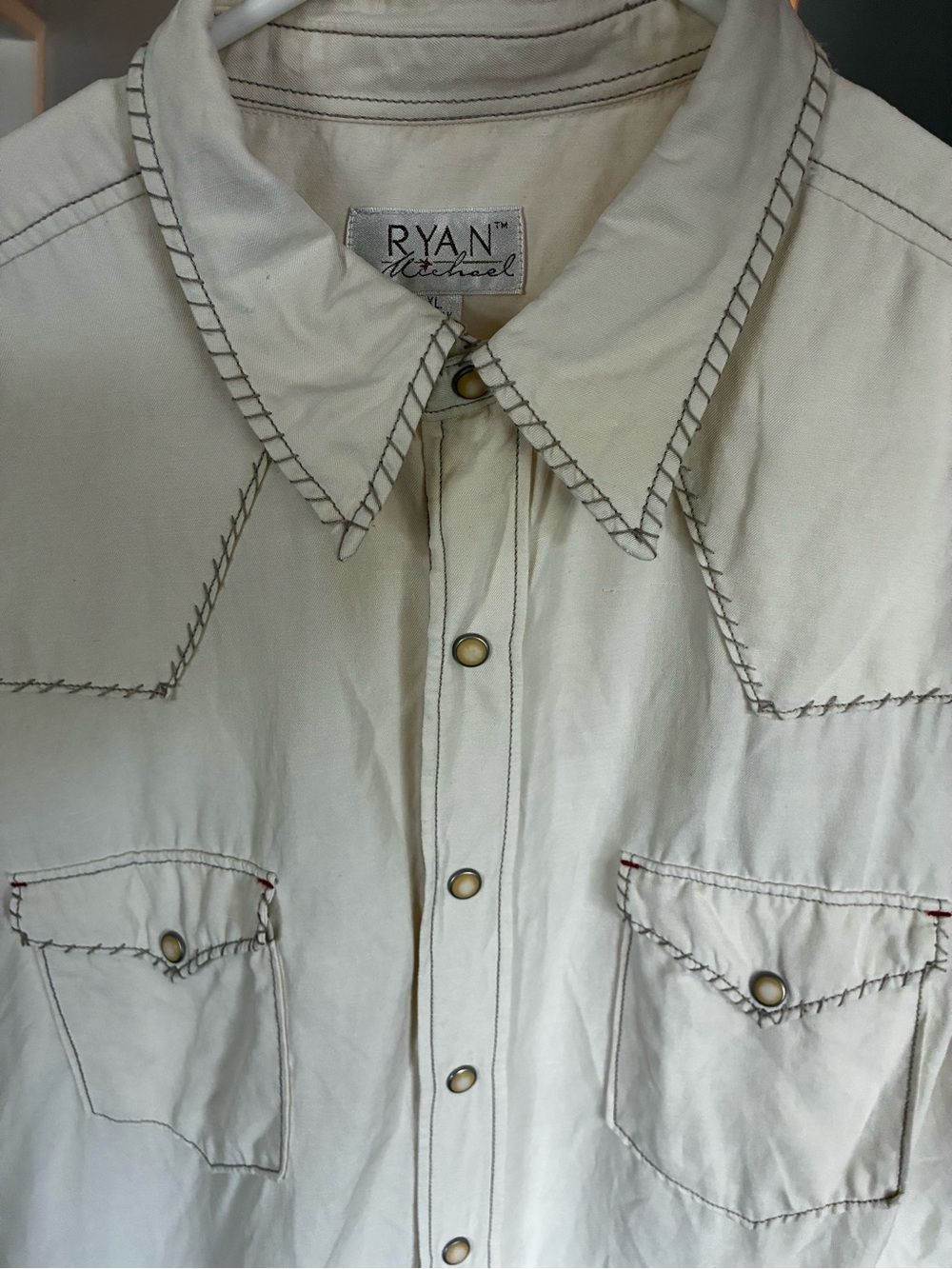 Ryan Michael Silk Linen Western Pearl Snap Shirt XL Cream Cowboy